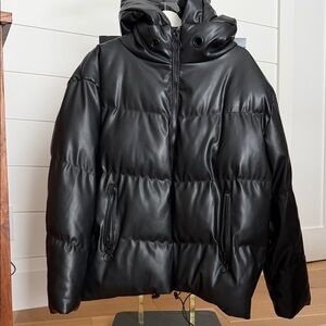 Classic Black Faux Leather Puffer Jacket with Hood